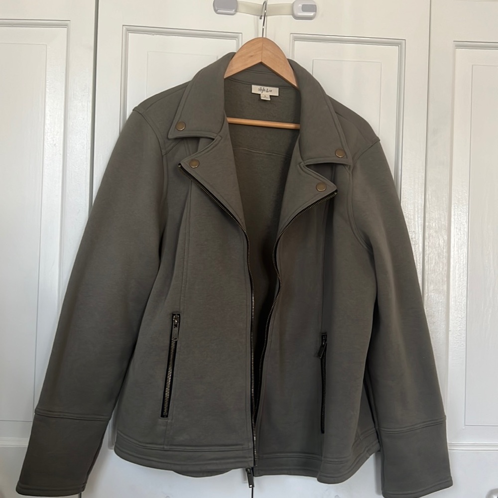 Moto style sweater jacket with zipper.
